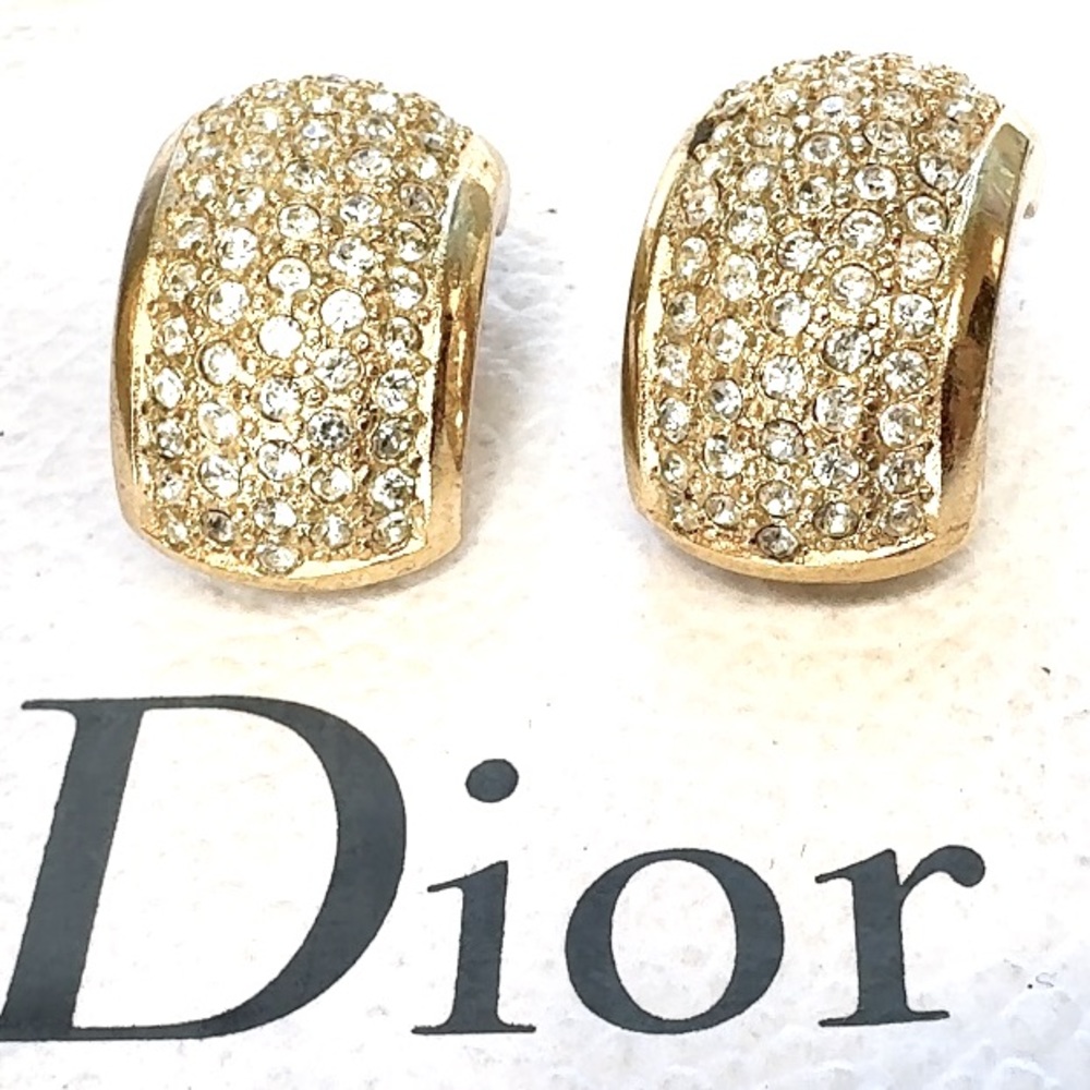 Christian Dior Vintage Gold Tone Half Hoop Pave Earrings With Rhinestones clip
